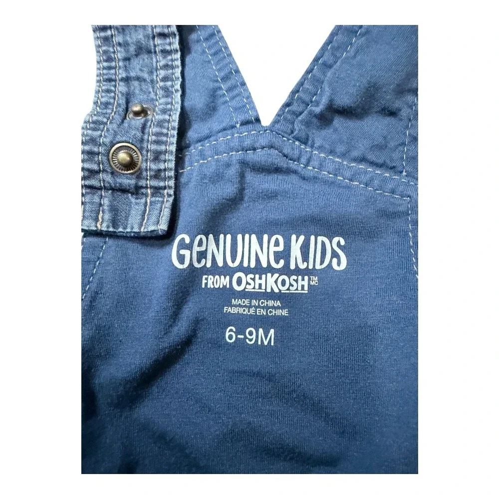 OshKosh Denim Overalls Kids 6-9M Genuine Kids Blue Lined Snap Inseam Bib Overall